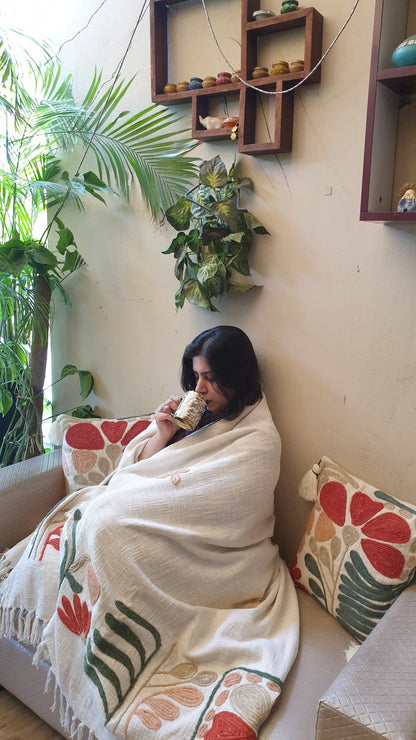 Rusty Green Embroidery and Tassel Throw