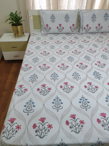 Pink Blue Kaneri Jaal Percale Bedsheet