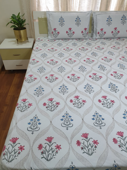 Pink Blue Kaneri Jaal Percale Bedsheet