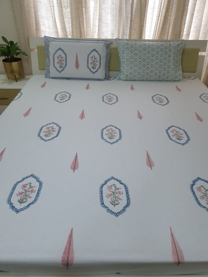 Pink Blue Jasmine Mirror Percale Bedsheet