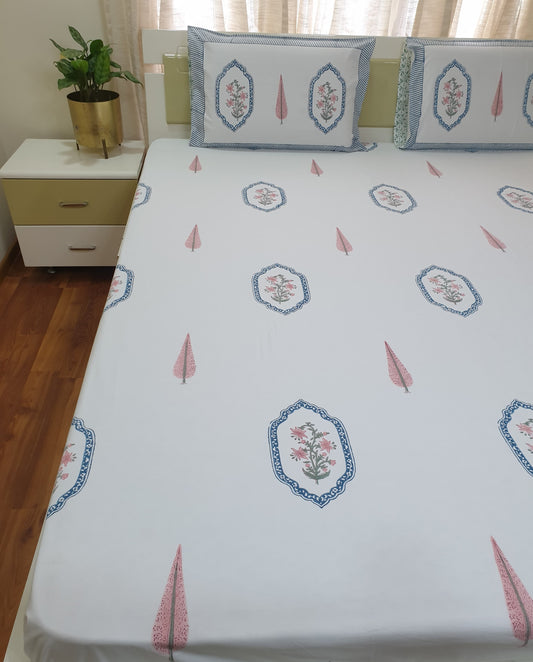 Pink Blue Jasmine Mirror Percale Bedsheet