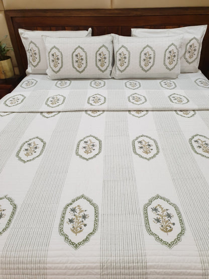 Green Jasmine Mirror Quilted Reversible Bedcover