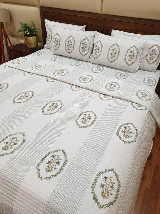 Green Jasmine Mirror Quilted Reversible Bedcover