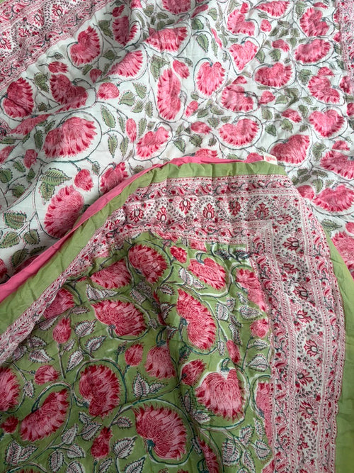 Green Pink Phool Reversible Mulmul Cotton Quilt