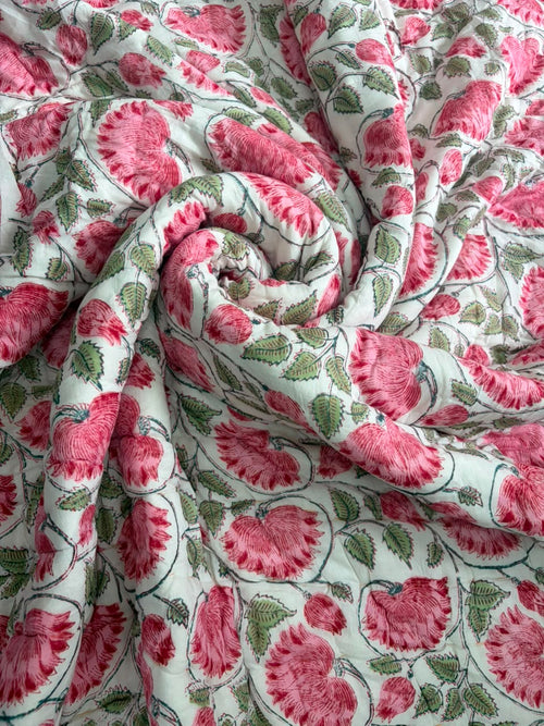 Green Pink Phool Reversible Mulmul Cotton Quilt