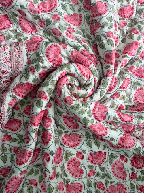 Green Pink Phool Reversible Mulmul Cotton Quilt