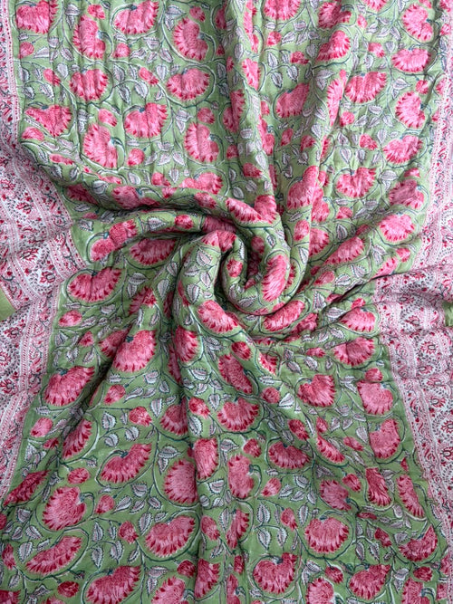 Green Pink Phool Reversible Mulmul Cotton Quilt