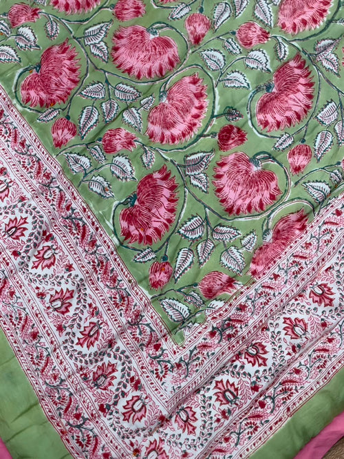 Green Pink Phool Reversible Mulmul Cotton Quilt