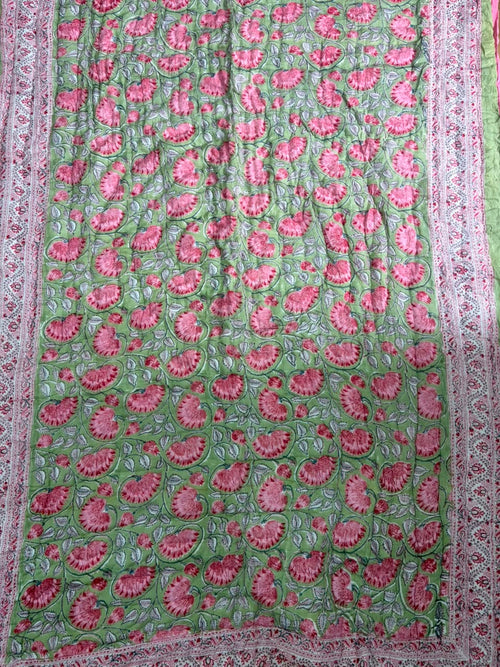 Green Pink Phool Reversible Mulmul Cotton Quilt