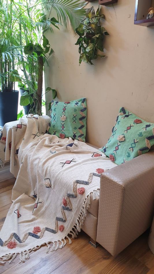 Geometric Embroidery and Tassel Throw
