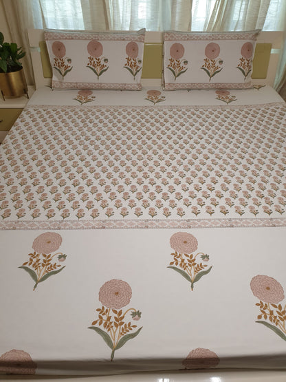 Peach Marigold Bedsheet & Bedcover Set