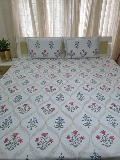 Pink Blue Kaneri Jaal Percale Bedsheet