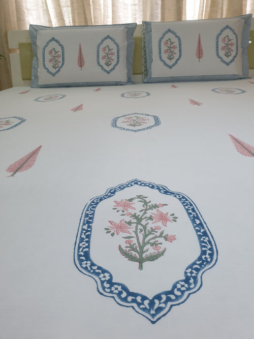 Pink Blue Jasmine Mirror Bedsheet & Bedcover Set