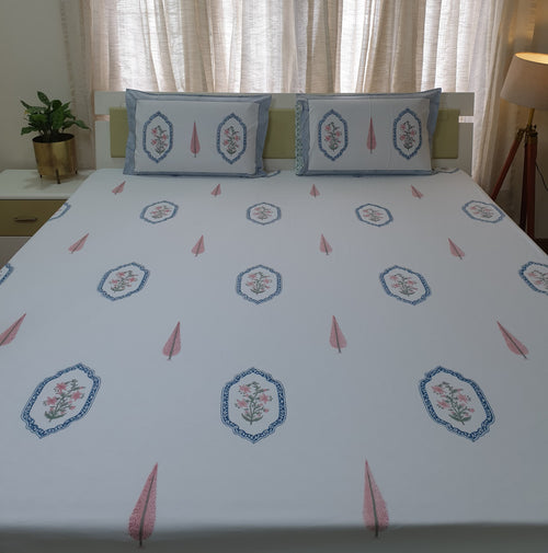 Pink Blue Jasmine Mirror Bedsheet & Bedcover Set