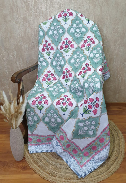 Organic Mulmul Cotton Dohar AC Blanket - Olive Mughal Jaal