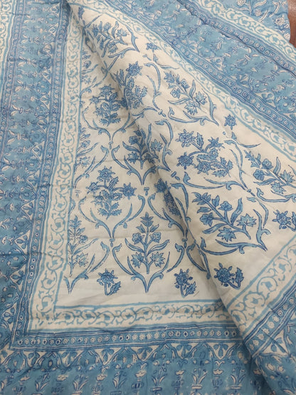 White Blue Floral Baghicha Reversible Mulmul Cotton Quilt-King Size