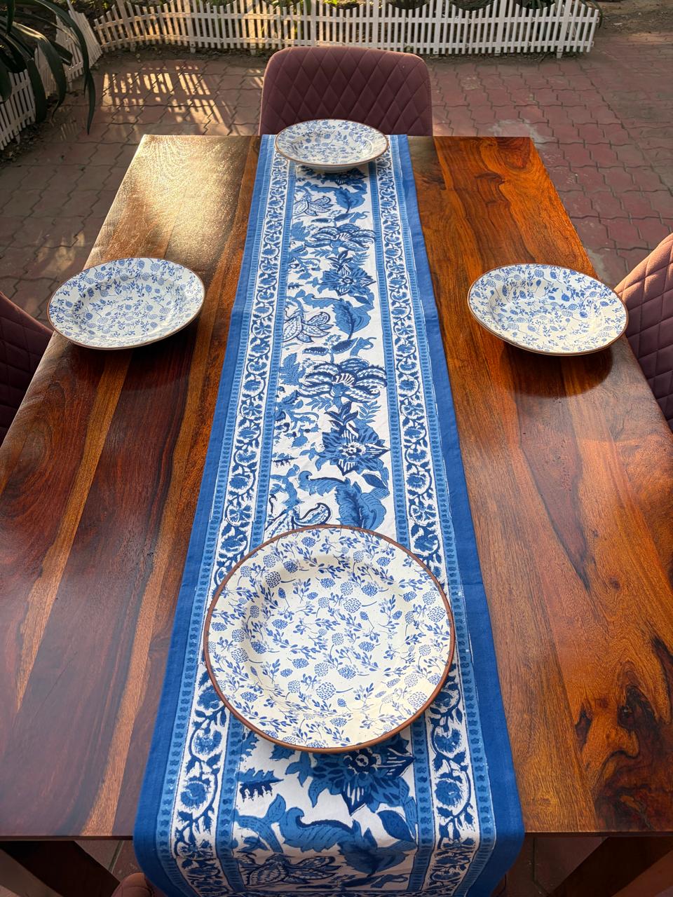 Blue Pottery Table Runner- White