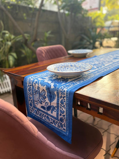 Blue Pottery Table Runner- White