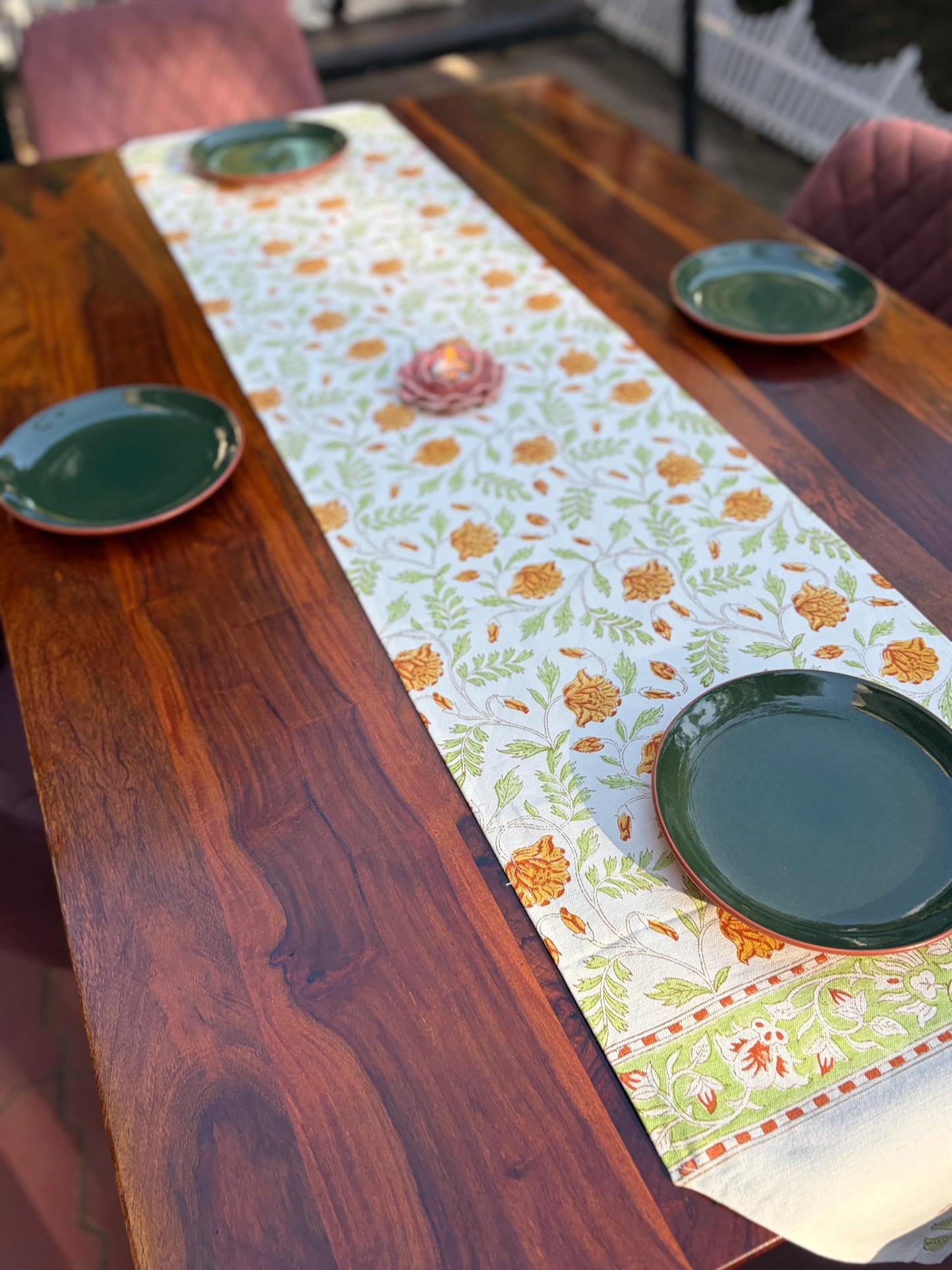 Yellow Green Mughal Jaal Table Runner