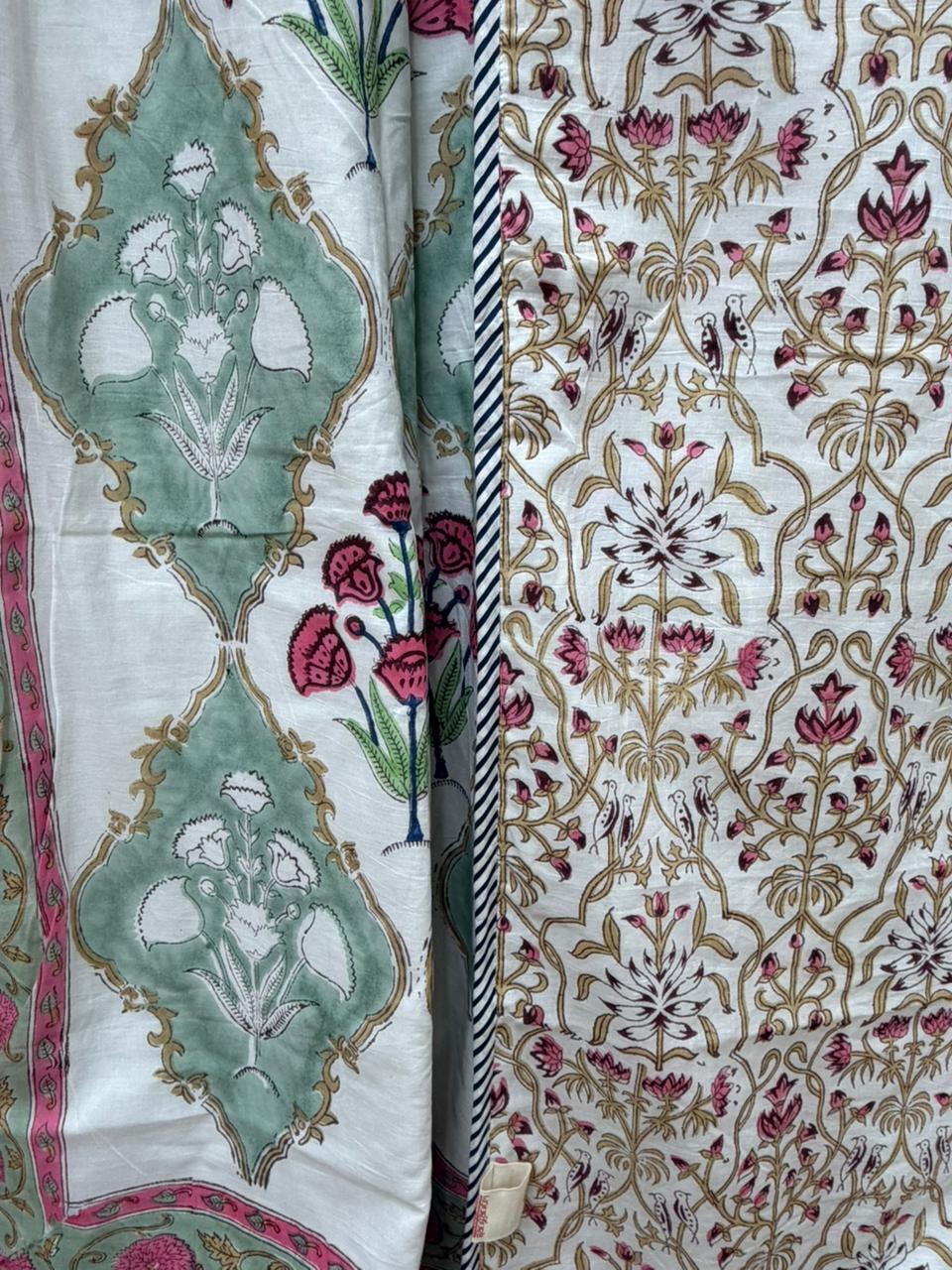 Organic Mulmul Cotton Dohar AC Blanket - Olive Mughal Jaal