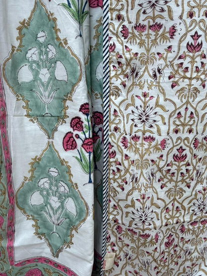 Organic Mulmul Cotton Dohar AC Blanket - Olive Mughal Jaal