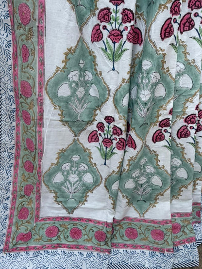 Organic Mulmul Cotton Dohar AC Blanket - Olive Mughal Jaal