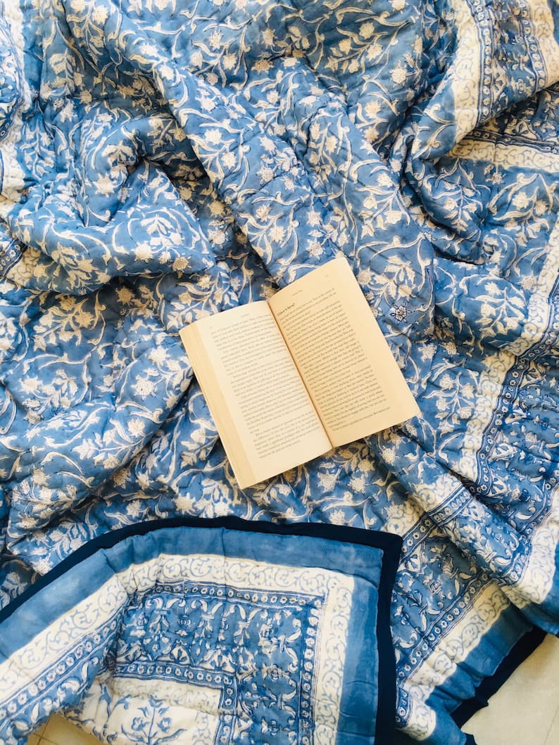 White Blue Floral Baghicha Reversible Mulmul Cotton Quilt-King Size