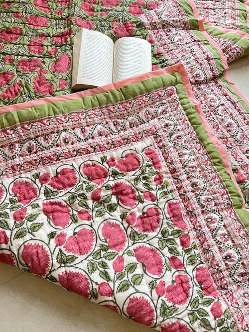 Green Pink Phool Reversible Mulmul Cotton Quilt