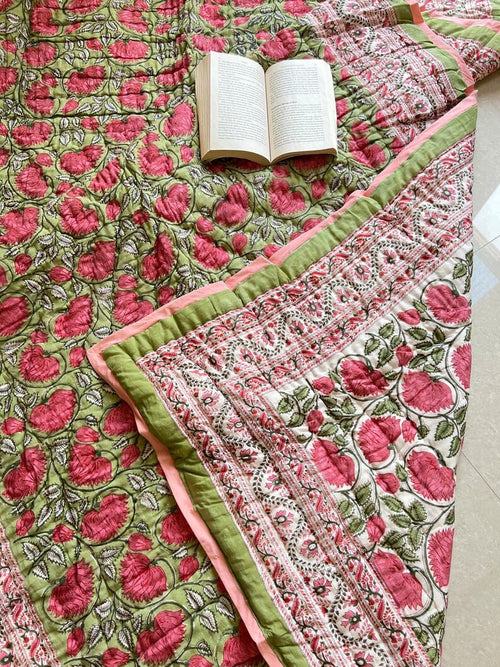 Green Pink Phool Reversible Mulmul Cotton Quilt