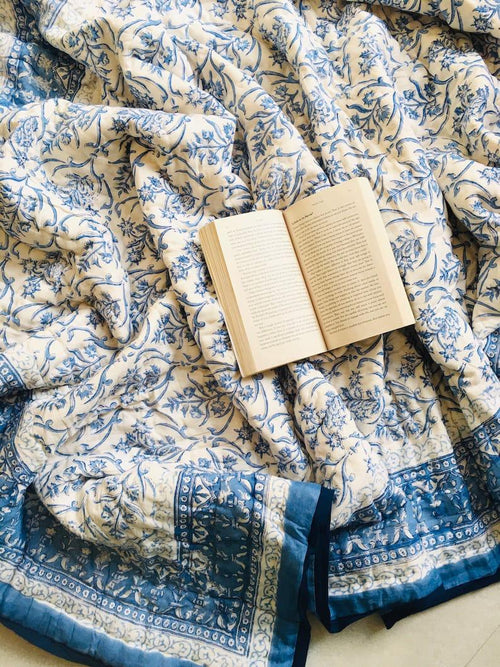 White Blue Floral Baghicha Reversible Mulmul Cotton Quilt-King Size