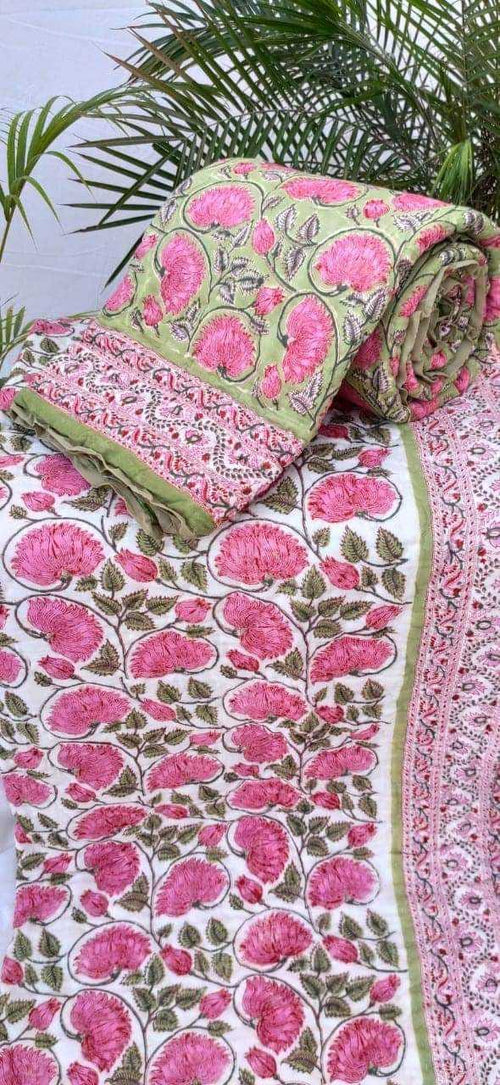 Green Pink Phool Reversible Mulmul Cotton Quilt