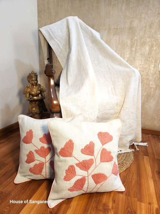Salmon Pink Petals Embroidery Cushion Cover