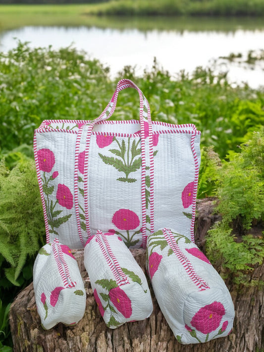 Pink Poppy Zipper Tote Bag & Pouch Set