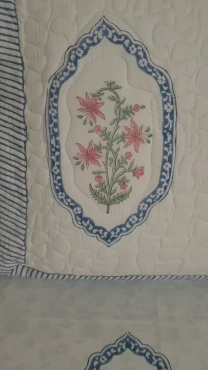 Pink Blue Jasmine Mirror Bedsheet & Bedcover Set
