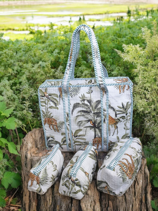 White Forest Zipper Tote Bag & Pouch Set
